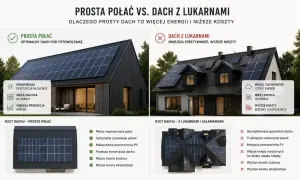 Dom typu stodoła z prostym dachem i panelami PV vs. dom z lukarnami. Prosty dach to więcej energii i niższe koszty.