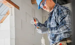 Elektryk w kasku i okularach ochronnych montuje oprawkę żarówki przy użyciu śrubokręta.