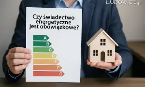 Mężczyzna trzyma kartkę z pytaniem "Czy świadectwo energetyczne jest obowiązkowe?" i mały model domu. Skala klasyfikacji energetycznej od A do G.