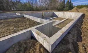 Betonowy fundament domu w budowie, otoczony ziemią i drzewami. Solidny fundament to podstawa każdej budowli.