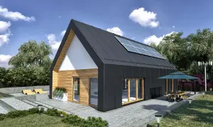 Nowoczesny dom modułowy 100m2 cena pod klucz z panelami słonecznymi na dachu, tarasem i ogrodem.