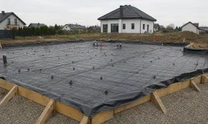 Fundament budowy domu z zbrojeniem i folią fundamentową, gotowy do zalania betonem. W tle widać domy mieszkalne.
