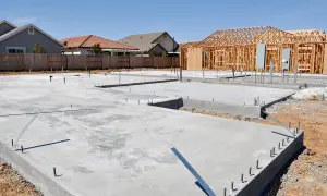 Fundament domu z chudego betonu, z widoczną konstrukcją szkieletową przyszłego budynku i rurami instalacyjnymi.