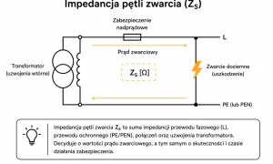 Schemat przedstawia impedancję pętli zwarcia (Zs) w obwodzie elektrycznym, kluczową dla działania zabezpieczeń.