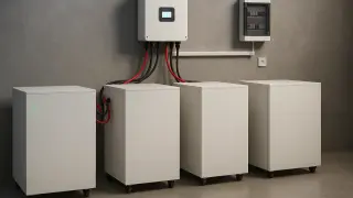 System magazynowania energii, który może wpłynąć na magazyn energii cena. Białe moduły bateryjne z zielonymi wskaźnikami LED i falownik na ścianie.