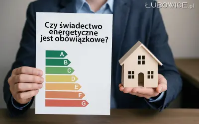 Mężczyzna trzyma kartkę z pytaniem "Czy świadectwo energetyczne jest obowiązkowe?" i mały model domu. Skala klasyfikacji energetycznej od A do G.
