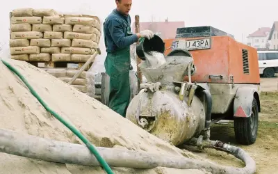 Budowlaniec wsypuje cement do miksokreta. Obok stos worków z cementem i góra piasku.