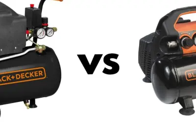Porównanie: kompresor olejowy czy bezolejowy. Dwa kompresory Black+Decker, jeden większy, drugi mniejszy, z widocznym napisem VS.