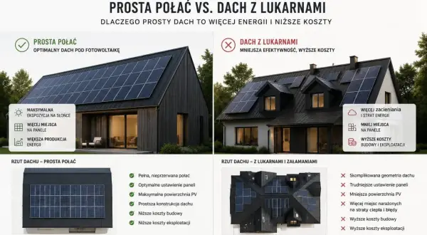 Dom typu stodoła z prostym dachem i panelami PV vs. dom z lukarnami. Prosty dach to więcej energii i niższe koszty.