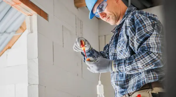 Elektryk w kasku i okularach ochronnych montuje oprawkę żarówki przy użyciu śrubokręta.