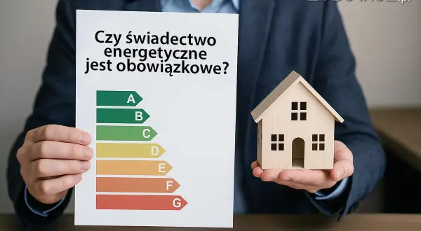 Mężczyzna trzyma kartkę z pytaniem "Czy świadectwo energetyczne jest obowiązkowe?" i mały model domu. Skala klasyfikacji energetycznej od A do G.