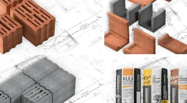 Cegły, pustaki i zaprawy budowlane, w tym materiały z keramzytobetonu, na tle planów architektonicznych.
