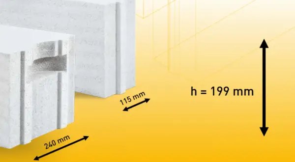 Pustaki betonowe z widocznymi wymiarami: 240 mm, 115 mm i wysokością h = 199 mm.