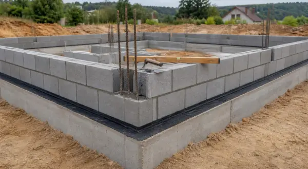 Budowa domu w toku. Widać fundamenty z bloczków betonowych fundamentowych, zbrojenie i narzędzia budowlane.