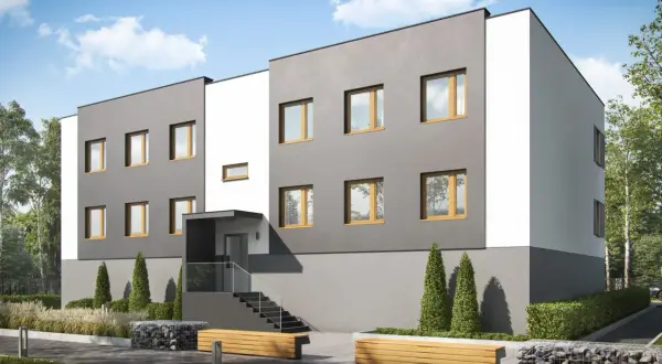Nowoczesny blok mieszkalny z szarymi i białymi elewacjami, drewnianymi oknami i zielenią.