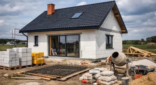 Budynek mieszkalny w budowie. Betonowa płyta zbrojeniowa, cement, bloczki i betoniarka czekają na dalsze prace.