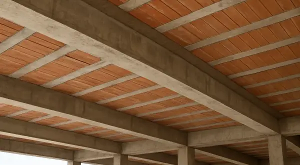 Widok od dołu na betonowy strop z pustakami ceramicznymi, tworzący solidną konstrukcję.