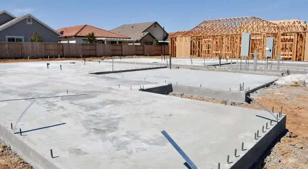 Fundament domu z chudego betonu, z widoczną konstrukcją szkieletową przyszłego budynku i rurami instalacyjnymi.