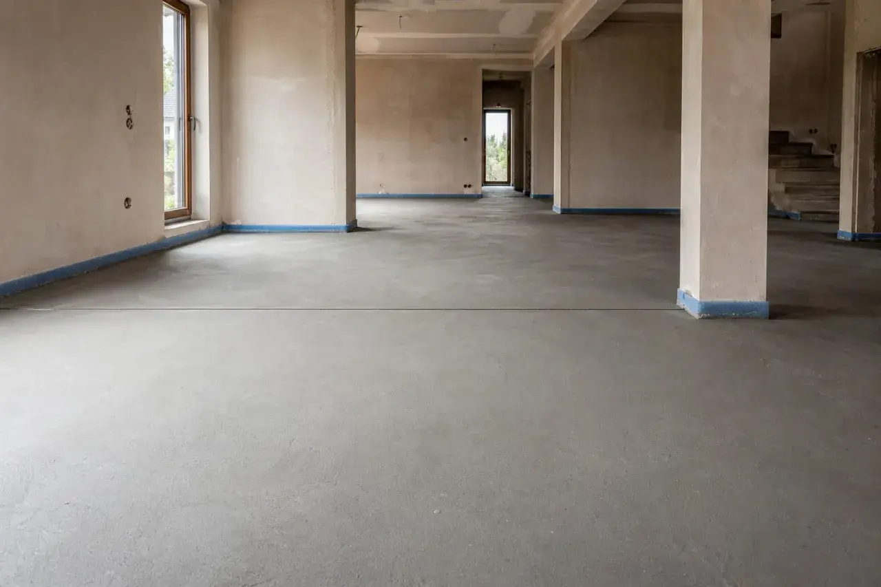Surowy betonowy strop z widoczną linią dylatacji, przygotowany do dalszych prac wykończeniowych.