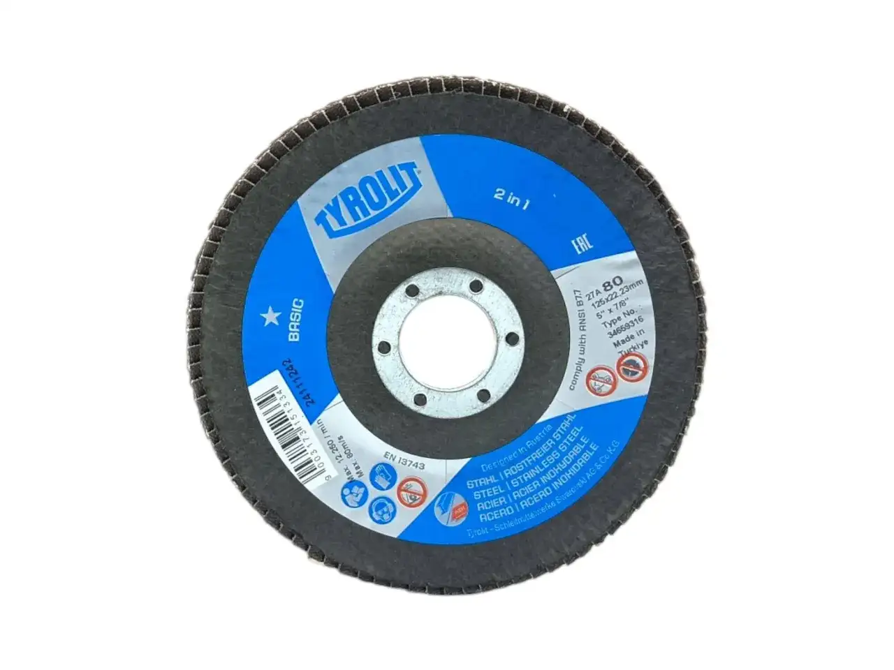 Tarcza listkowa TYROLIT 2 in 1, 125mm, do stali nierdzewnej, z otworem mocującym.
