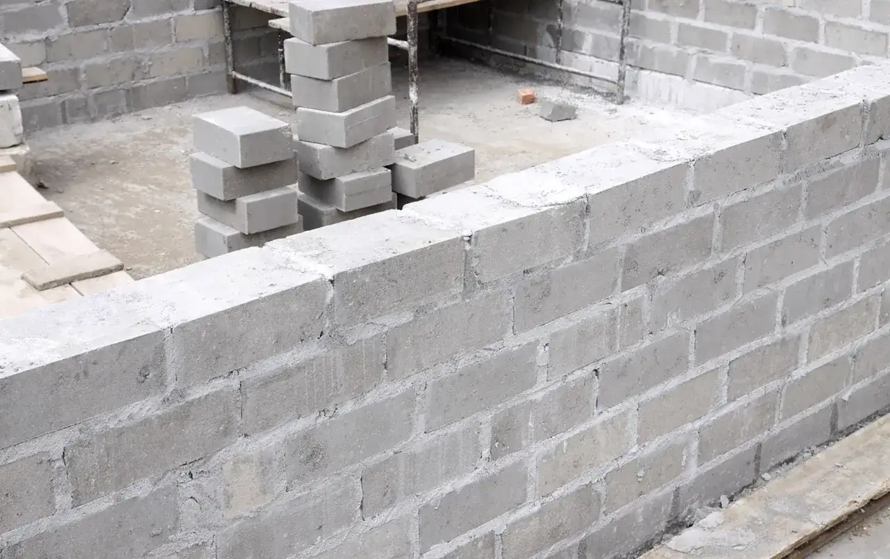 Ściana z bloczków betonowych w budowie. Widać stosy bloczków, które czekają na użycie.