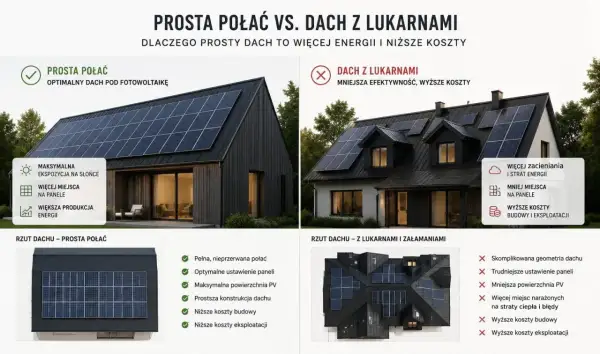 Dom typu stodoła z prostym dachem i panelami PV vs. dom z lukarnami. Prosty dach to więcej energii i niższe koszty.
