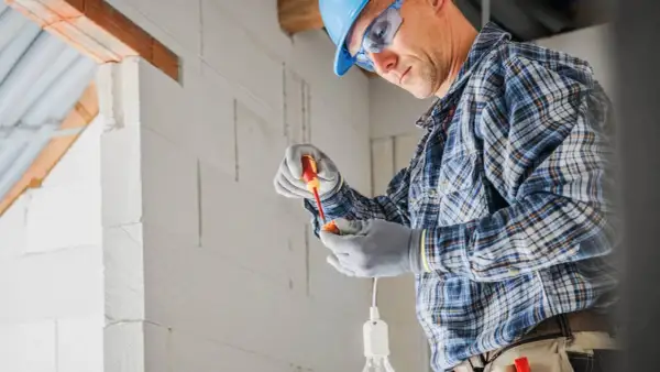 Elektryk w kasku i okularach ochronnych montuje oprawkę żarówki przy użyciu śrubokręta.