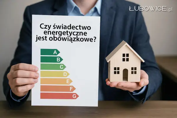 Mężczyzna trzyma kartkę z pytaniem "Czy świadectwo energetyczne jest obowiązkowe?" i mały model domu. Skala klasyfikacji energetycznej od A do G.