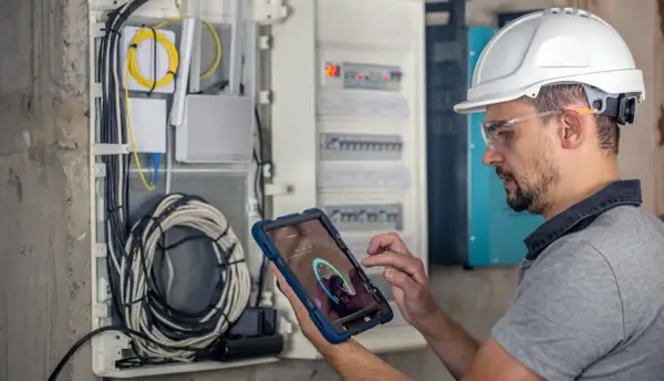 Elektryk w kasku i okularach ochronnych wykonuje przegląd instalacji elektrycznej, analizując dane na tablecie.