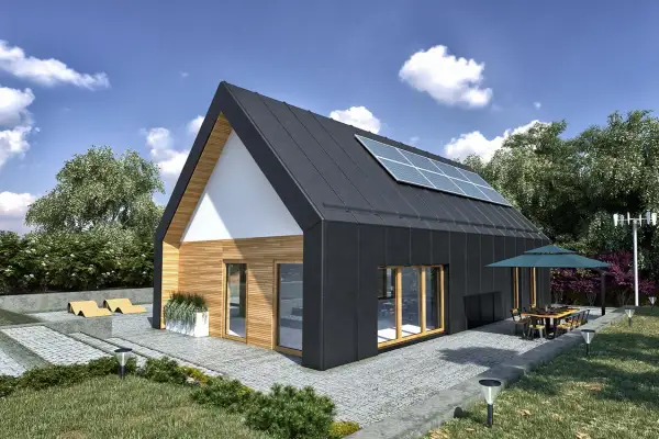 Nowoczesny dom modułowy 100m2 cena pod klucz z panelami słonecznymi na dachu, tarasem i ogrodem.