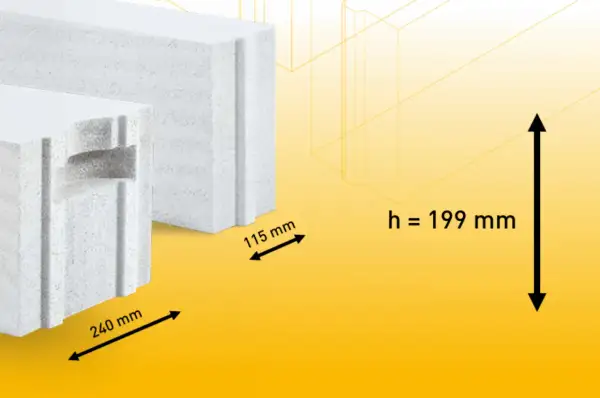 Pustaki betonowe z widocznymi wymiarami: 240 mm, 115 mm i wysokością h = 199 mm.