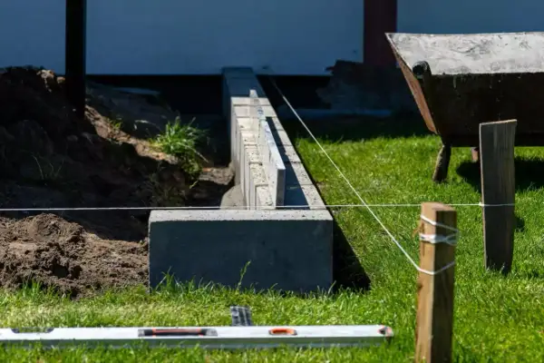 Budowa fundamentu pod ogrodzenie z bloczków betonowych. Widać poziomicę, sznur i taczkę w tle.