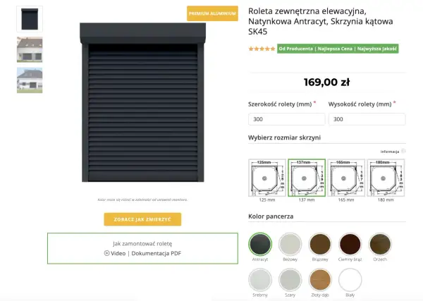 Roleta zewnętrzna antracytowa, cena za m2. Wybierz wymiary i kolor pancerza rolety elewacyjnej.