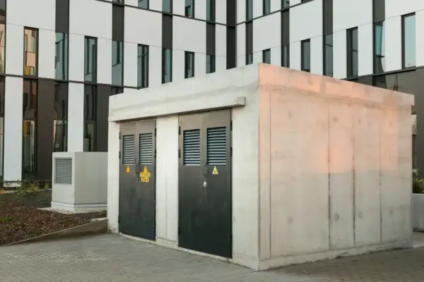 Betonowa stacja transformatorowa z dwoma czarnymi drzwiami i żółtymi znakami ostrzegawczymi. W tle nowoczesny budynek z białymi i ciemnymi panelami.