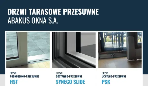 Trzy rodzaje drzwi tarasowych: HST, Synego Slide i PSK. Detale profili i prowadnic okna PSK.
