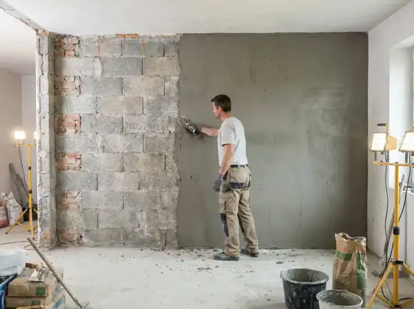 Murarz nakłada tynki cementowo-wapienne na ścianę z pustaków. Widać worki z zaprawą i narzędzia.