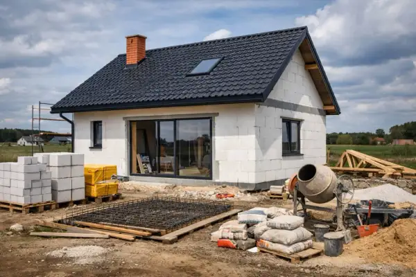 Budynek mieszkalny w budowie. Betonowa płyta zbrojeniowa, cement, bloczki i betoniarka czekają na dalsze prace.