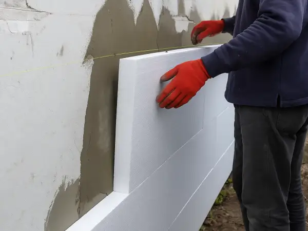 Ręce w czerwonych rękawiczkach układają płyty styropianu na ścianie. To etap budowy domu ze styropianu.