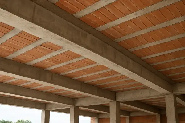 Widok od dołu na betonowy strop z pustakami ceramicznymi, tworzący solidną konstrukcję.