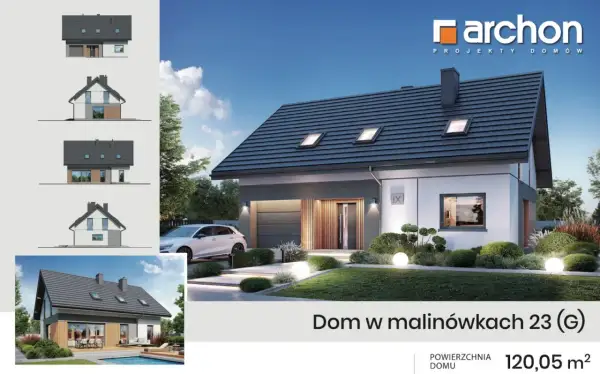 Projekt domu "Dom w malinówkach 23 (G)" o powierzchni 120 m². Sprawdź, jaki koszt budowy domu 120 m² jest realny.