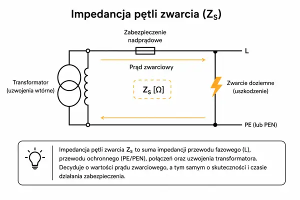 Schemat przedstawia impedancję pętli zwarcia (Zs) w obwodzie elektrycznym, kluczową dla działania zabezpieczeń.